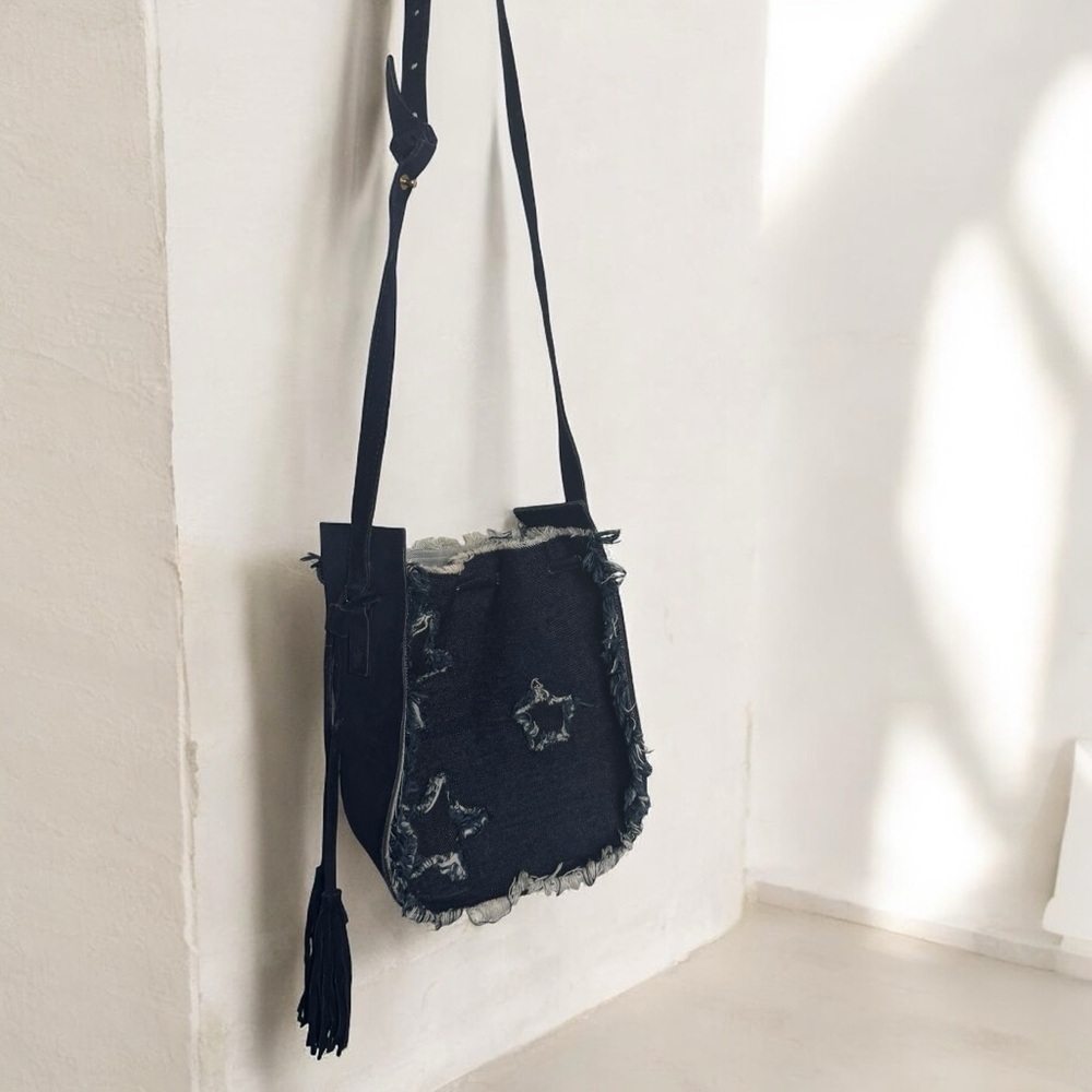 Denim & genuine leather Stylish Fringe Shoulder Bag y2k stars coastal cowgirl